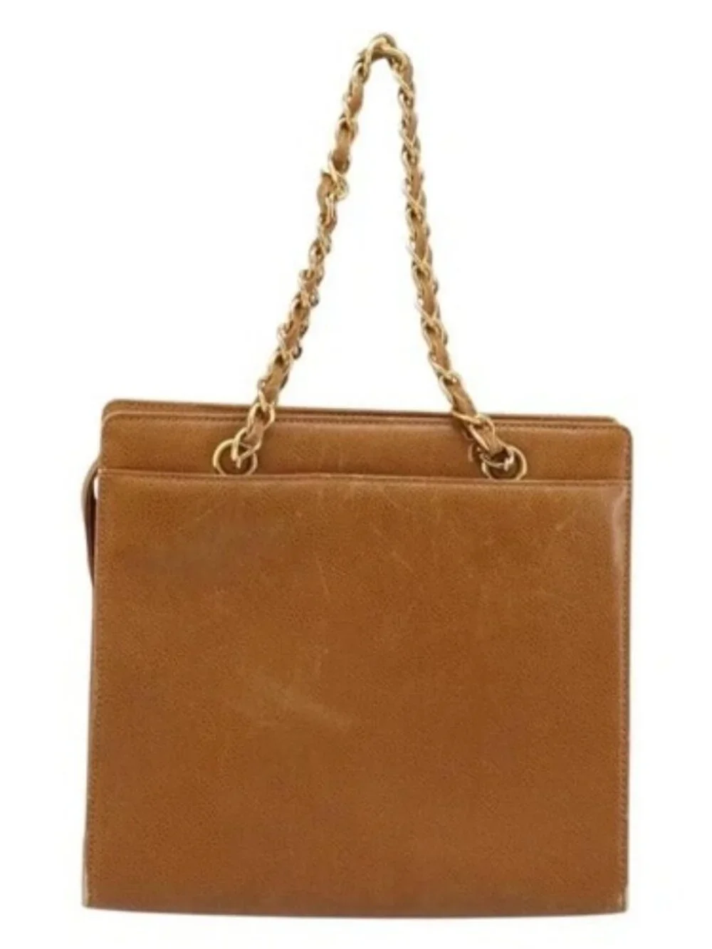 CHANEL Chain Tote Bag Grained Calf Skin Gold Brown CC Auth gh1738
